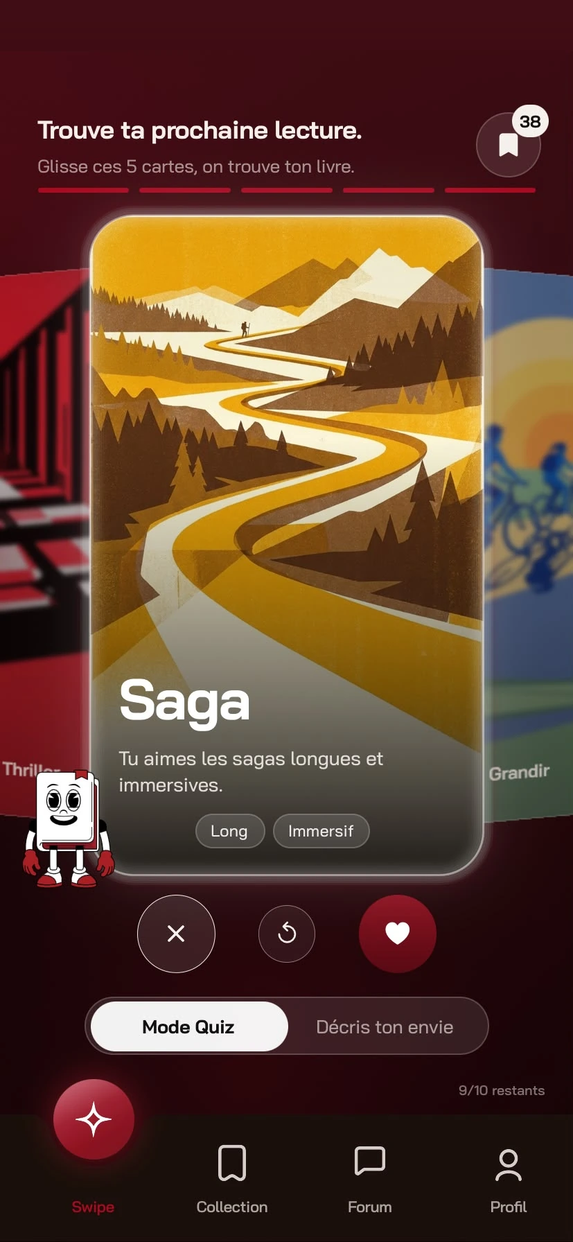 L’onglet Swipe de BOOXS&nbsp;: une carte illustrée par envie de lecture.