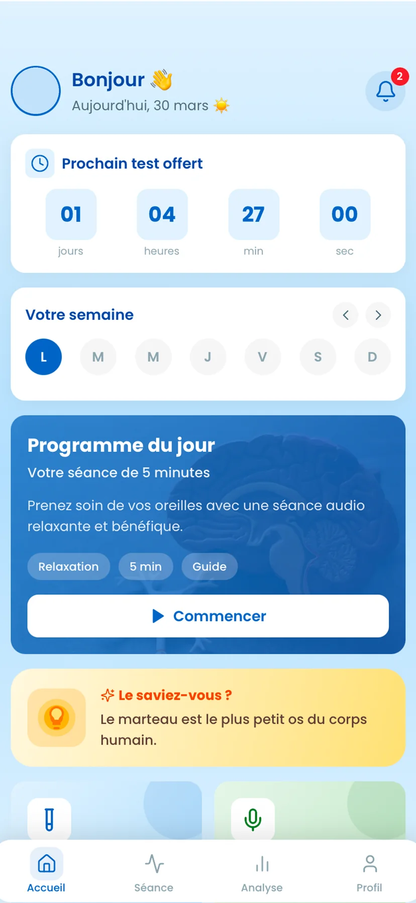 L’accueil d’AudiCheck&nbsp;: le prochain test offert, la semaine et le programme du jour.