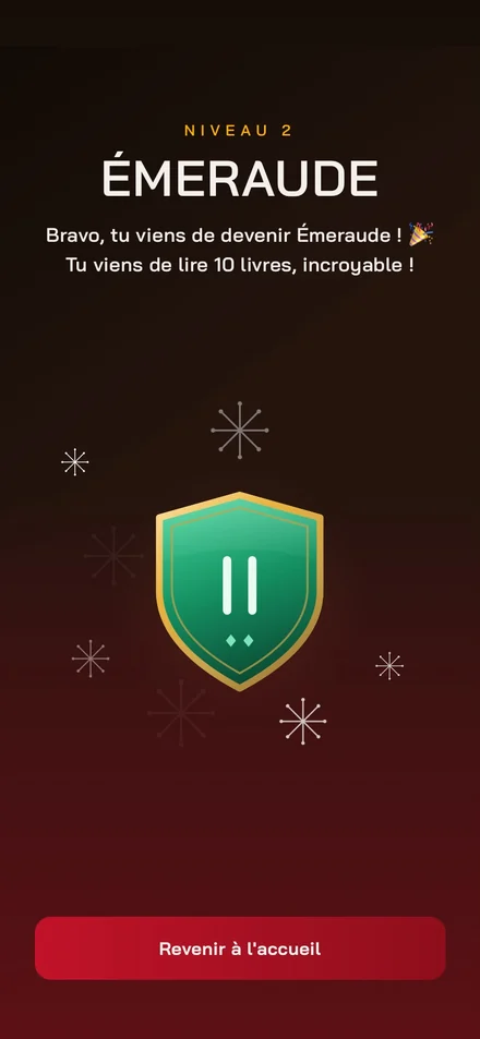 L’écran de l’app quand un insigne se débloque&nbsp;: «&nbsp;Niveau 2, Émeraude&nbsp;», le blason vert à liseré doré.
