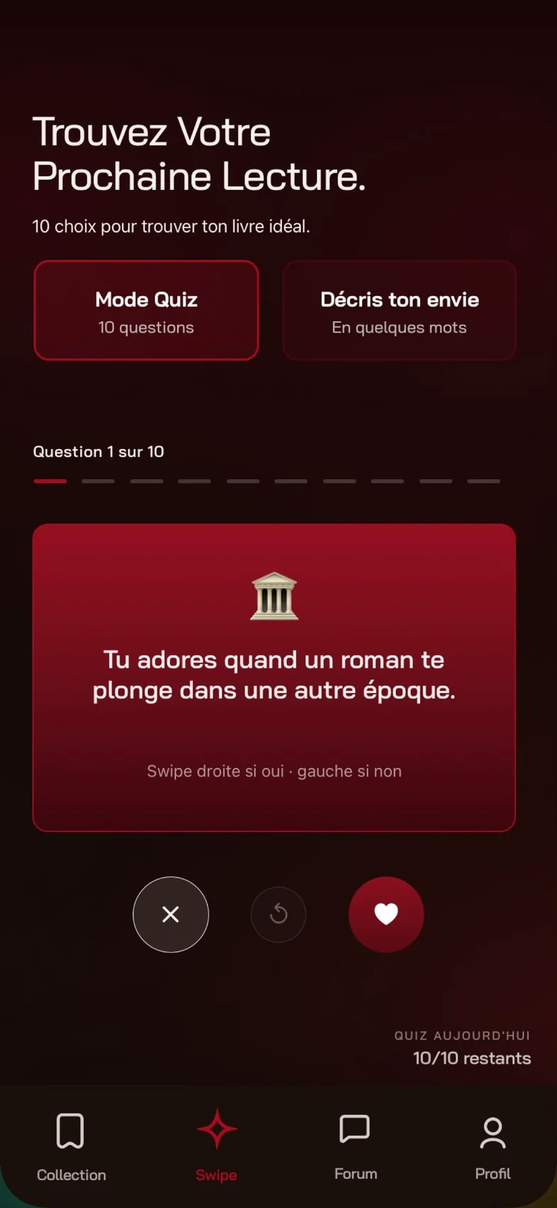 BOOXS, la première version du Swipe&nbsp;: une petite carte rouge avec une question.