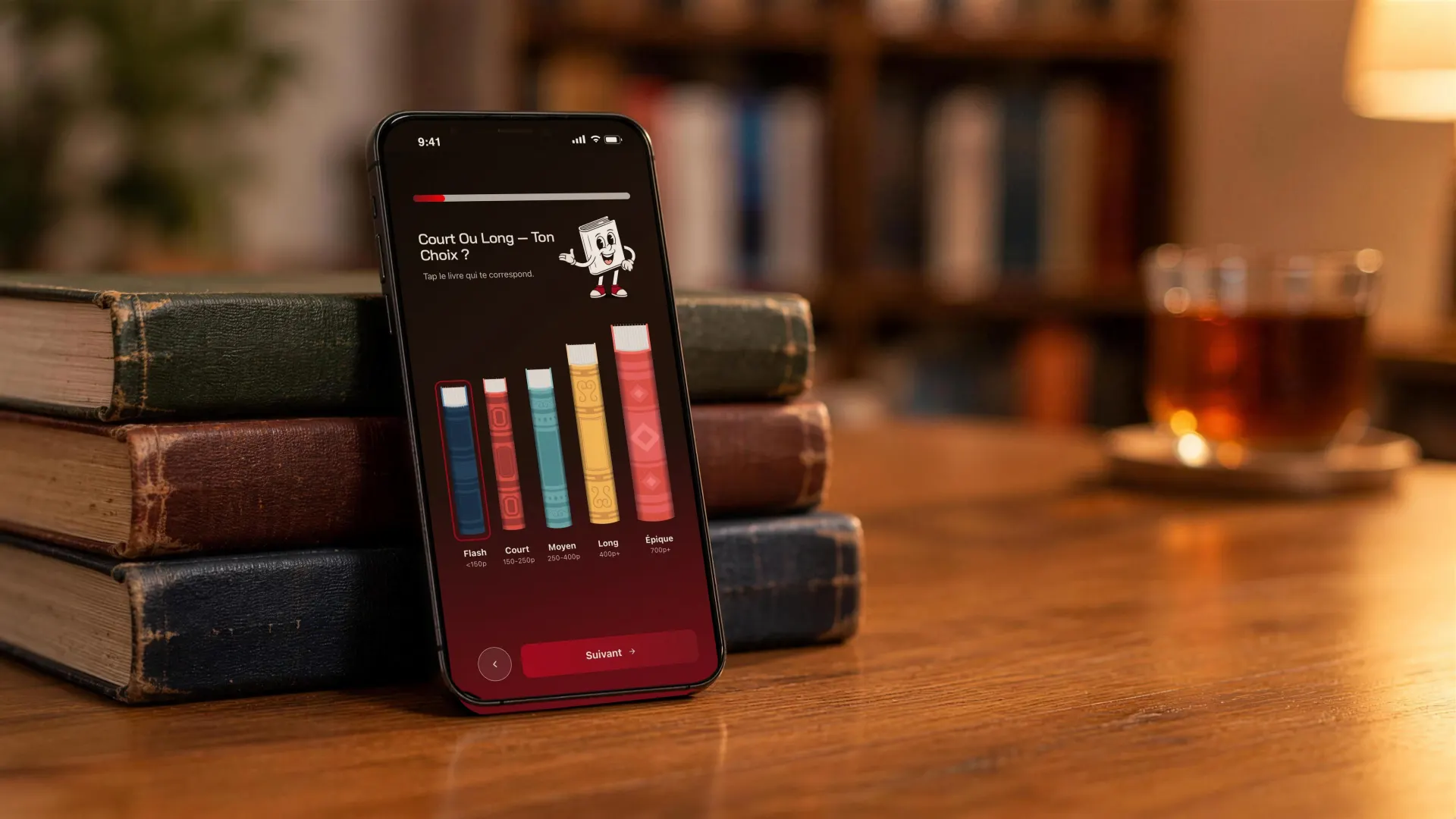 Un iPhone appuyé contre une pile de vieux livres, sur un bureau de bois. À l’écran, BOOXS&nbsp;: «&nbsp;Court ou long, ton choix&nbsp;?&nbsp;» et cinq livres de plus en plus grands.