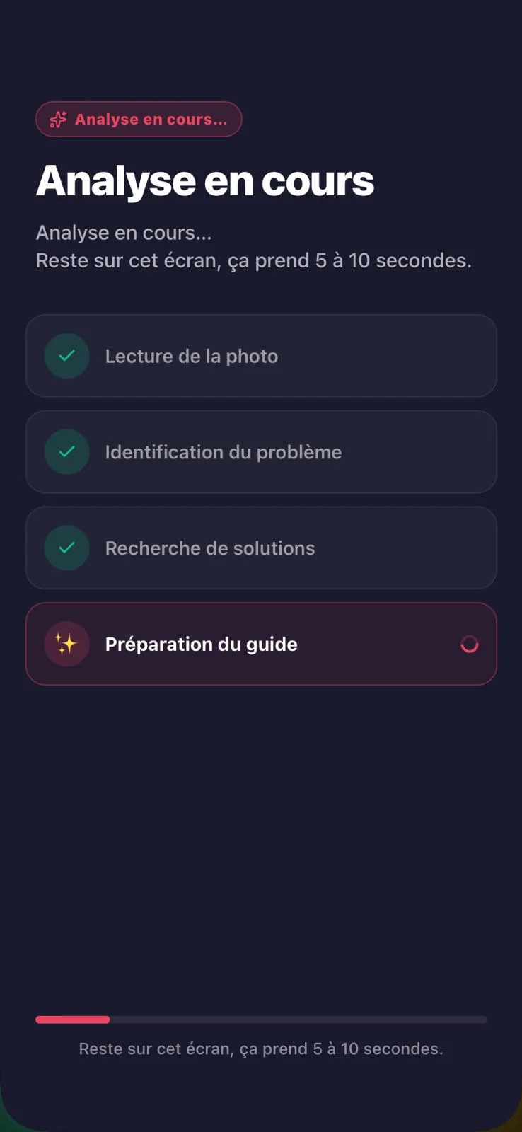 FixScan en français&nbsp;: « Analyse en cours », trois étapes cochées, « Préparation du guide ».
