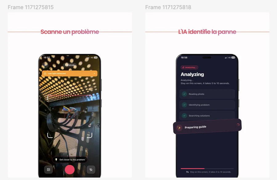Le canevas Figma des aperçus&nbsp;: les cadres « Scanne un problème » et « L’IA identifie la panne ».