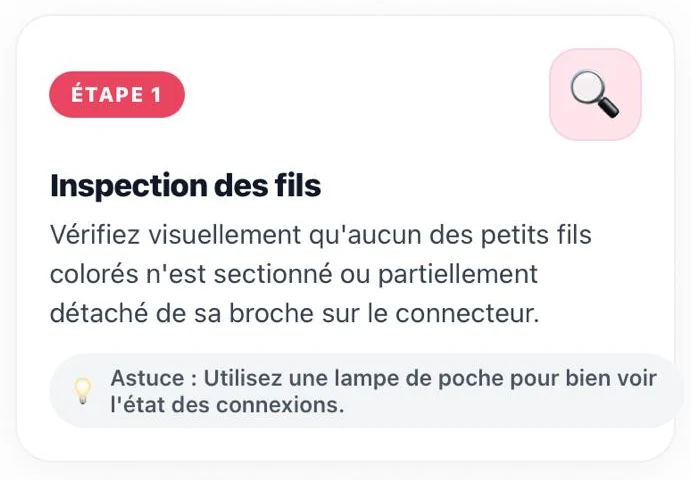 Une étape du guide&nbsp;: le badge rose « ÉTAPE 1 », la consigne et une astuce.