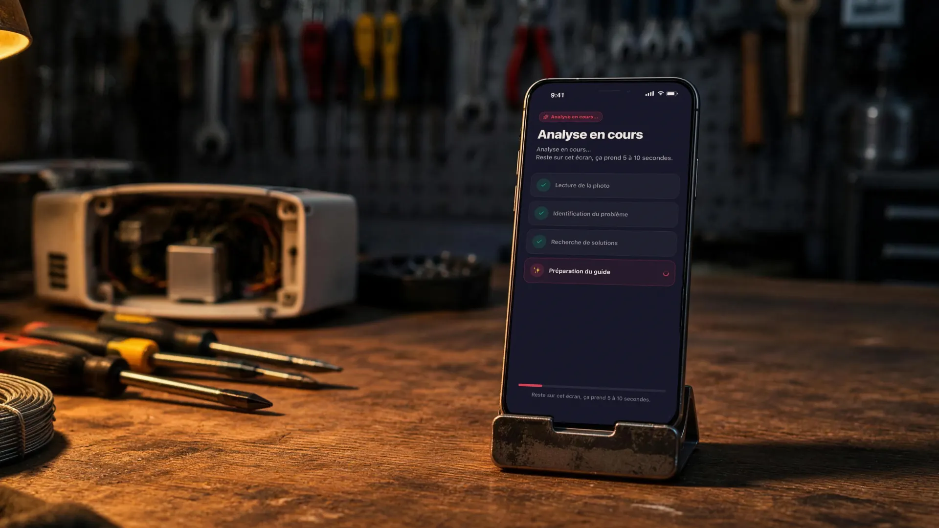 Un iPhone dans un support de métal, sur un établi couvert d’outils. À l’écran, FixScan&nbsp;: «&nbsp;Analyse en cours&nbsp;» et les quatre étapes du diagnostic.