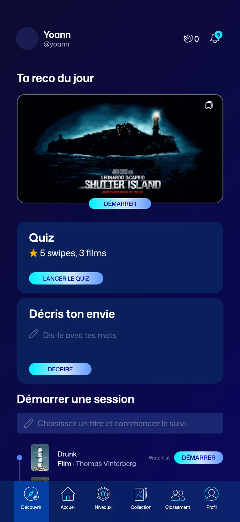 La première version de Découvrir&nbsp;: la reco du jour, le quiz, l’envie, la session.