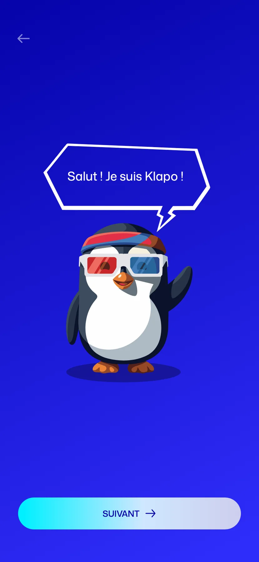 L’onboarding de Klaps&nbsp;: Klapo dit « Salut&nbsp;! Je suis Klapo&nbsp;! » sur le dégradé bleu.