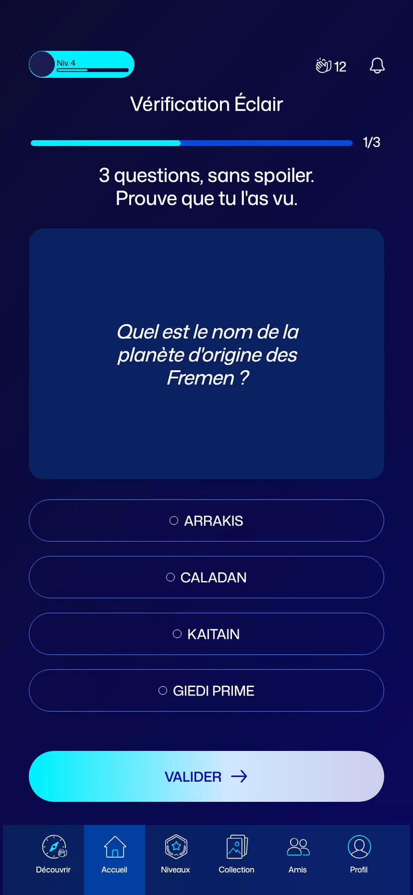 La Vérification Éclair&nbsp;: « 3 questions, sans spoiler. Prouve que tu l’as vu. » et quatre réponses.