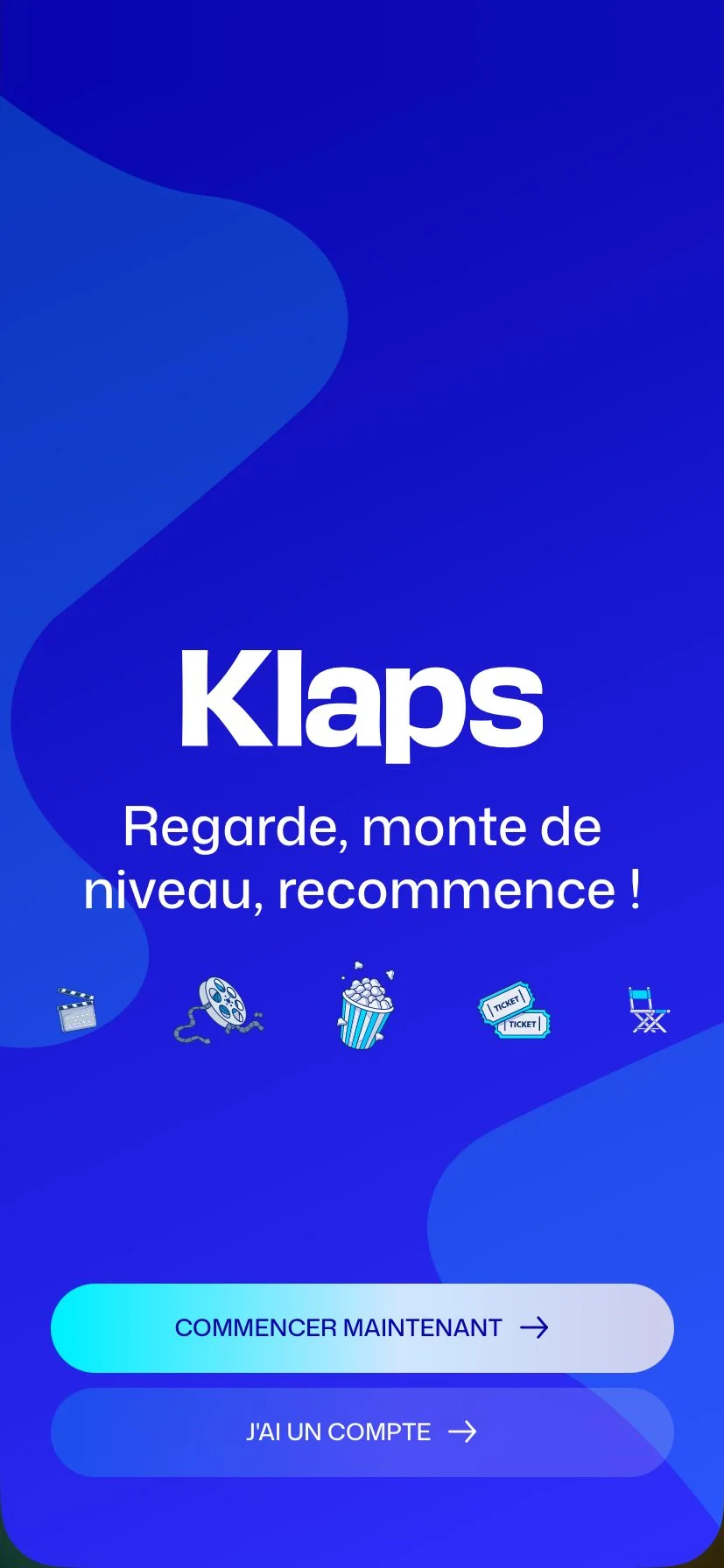 Capture iPhone de l’accueil de Klaps&nbsp;: « Regarde, monte de niveau, recommence&nbsp;! »
