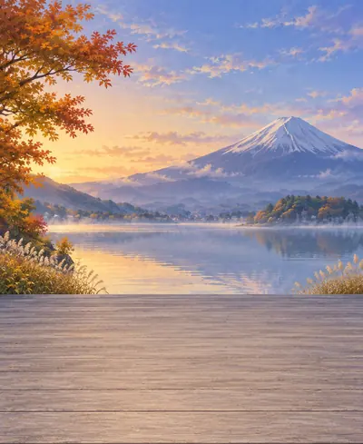 Décor «&nbsp;Fuji&nbsp;»&nbsp;: un lac, un érable rouge et le mont Fuji.