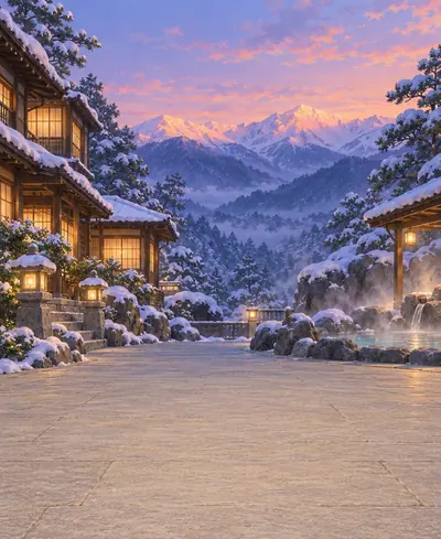 Décor «&nbsp;onsen&nbsp;»&nbsp;: une auberge et ses bains sous la neige.