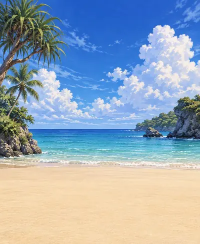 Décor «&nbsp;plage&nbsp;»&nbsp;: une plage, des palmiers et la mer turquoise.