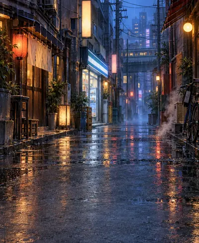 Décor «&nbsp;ruelle sous la pluie&nbsp;»&nbsp;: des lanternes sur les pavés mouillés.