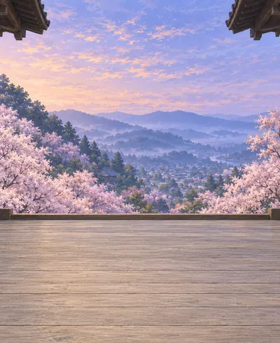Décor «&nbsp;sakura&nbsp;»&nbsp;: des cerisiers en fleurs sur les collines.
