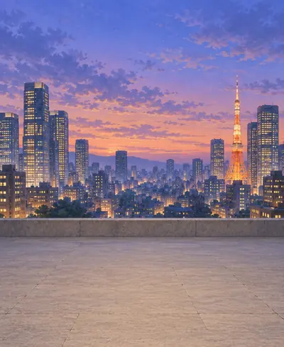 Décor «&nbsp;Tokyo&nbsp;»&nbsp;: la ville et sa tour au crépuscule.