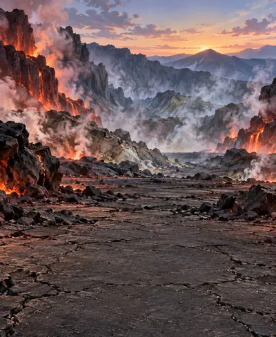 Décor «&nbsp;volcan&nbsp;»&nbsp;: de la lave et de la fumée.