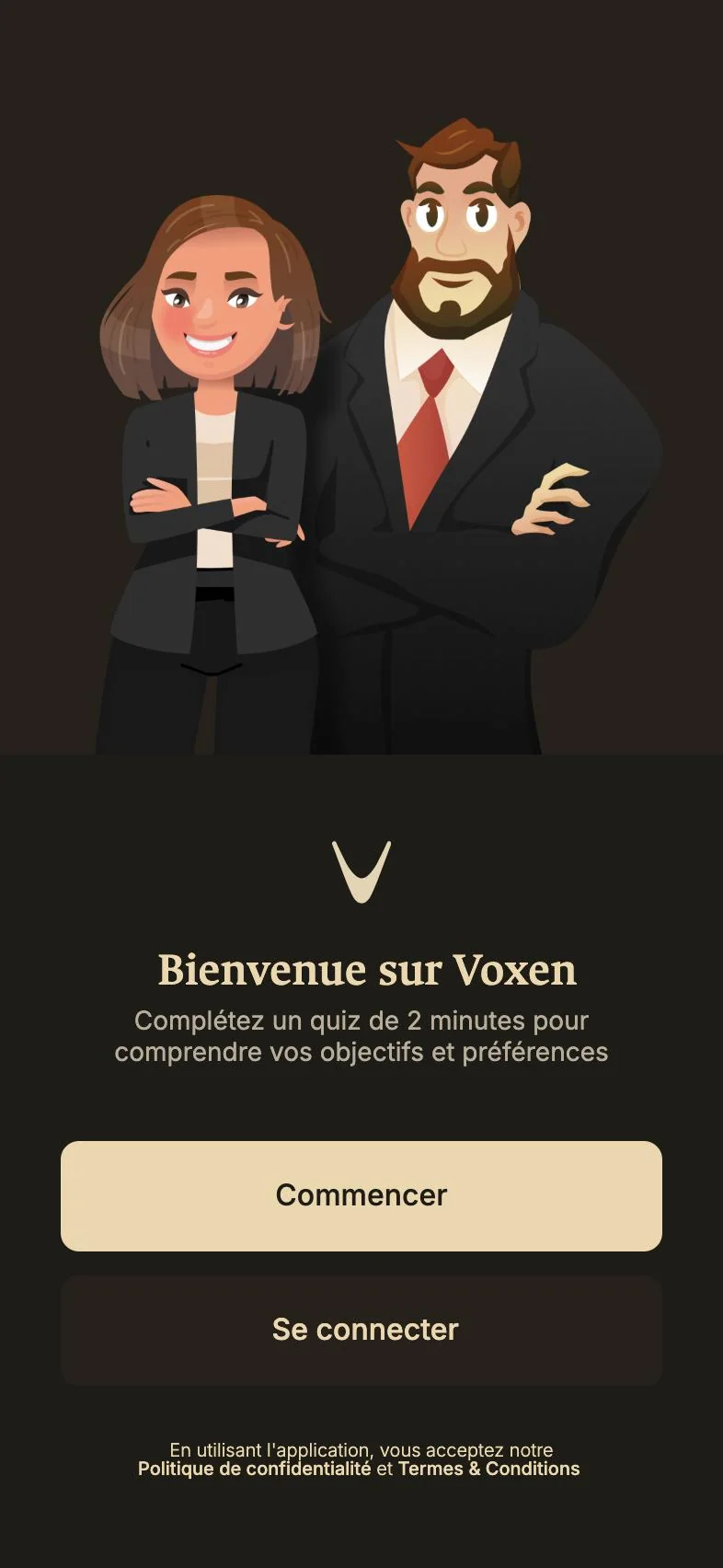 Voxen, l’accueil de la designeuse&nbsp;: les deux coachs, le V et «&nbsp;Bienvenue sur Voxen&nbsp;».