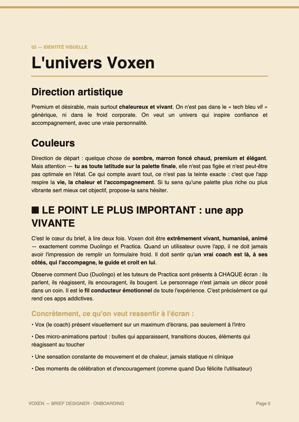 La page «&nbsp;L’univers Voxen&nbsp;» du brief&nbsp;: direction artistique et couleurs.
