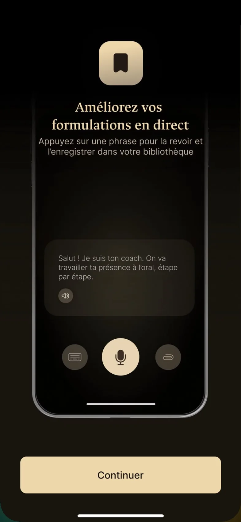 Une vraie capture de Voxen sur iPhone&nbsp;: «&nbsp;Améliorez vos formulations en direct&nbsp;».