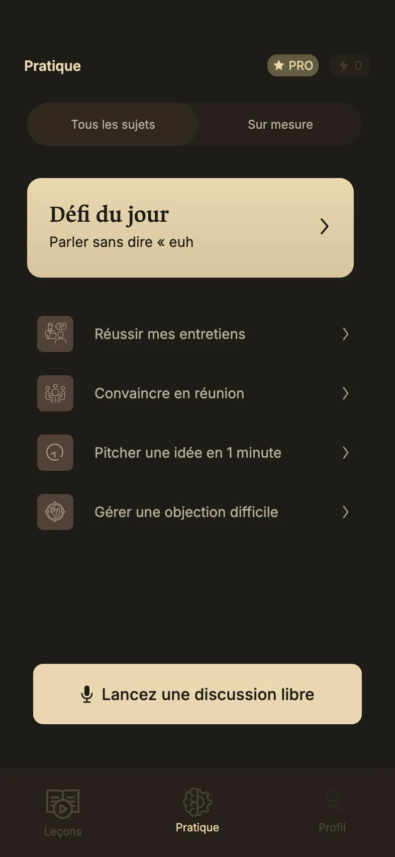 L’onglet Pratique de Voxen&nbsp;: la carte «&nbsp;Défi du jour&nbsp;» et quatre situations à travailler.