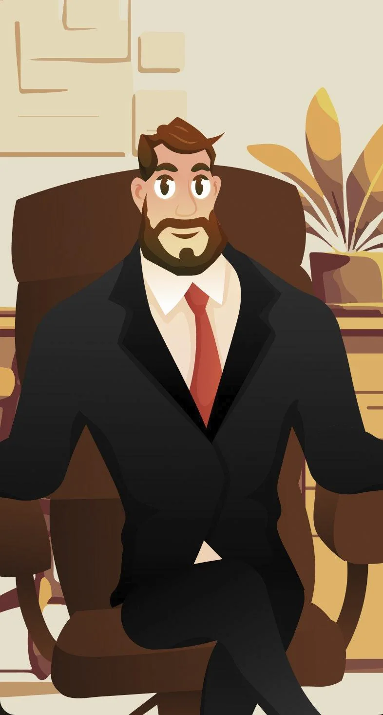 Vox, le coach&nbsp;: barbe, costume noir et cravate rouge, dans son fauteuil.